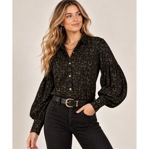 Ariat Blinged Out Horseshoe Print Button Front Blouse Black XL Western Cowgirl